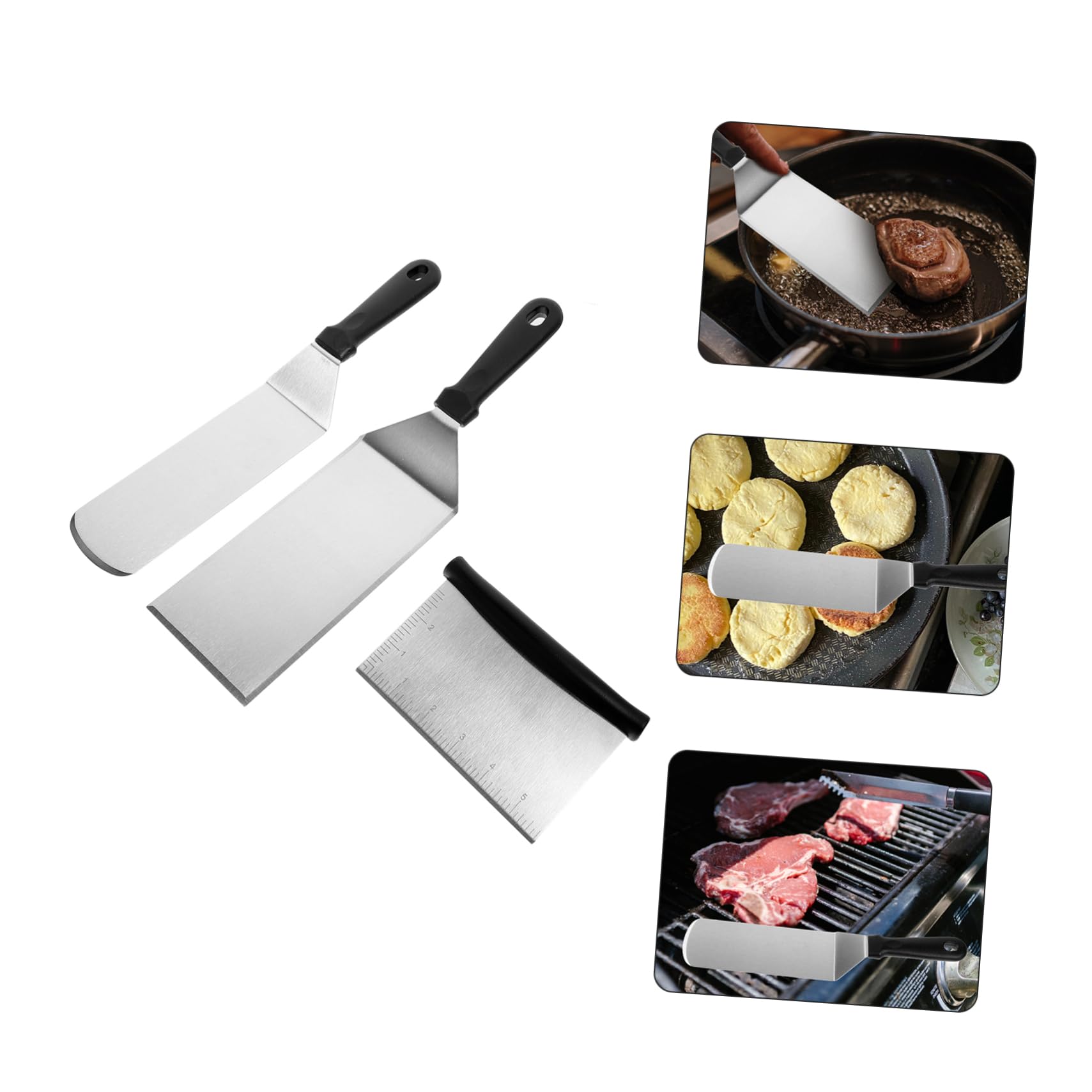 Spatola per Bistecche e Pala in Acciaio Inox Set 3 Pezzi Manico in Plastica Resistente per Cucina e Barbecue Utensili da Cucina Multifunzione per Friggere e Girare Alimenti