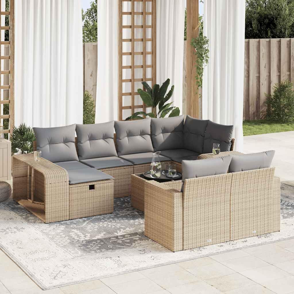 11-TLG Garten-Sofagarnitur mit Kissen Beige Poly Rattan wetterfestes Polyrattan Geflecht Sitzgruppe für Terrasse Balkon Veranda mit Tisch, Fußhocker, Regal