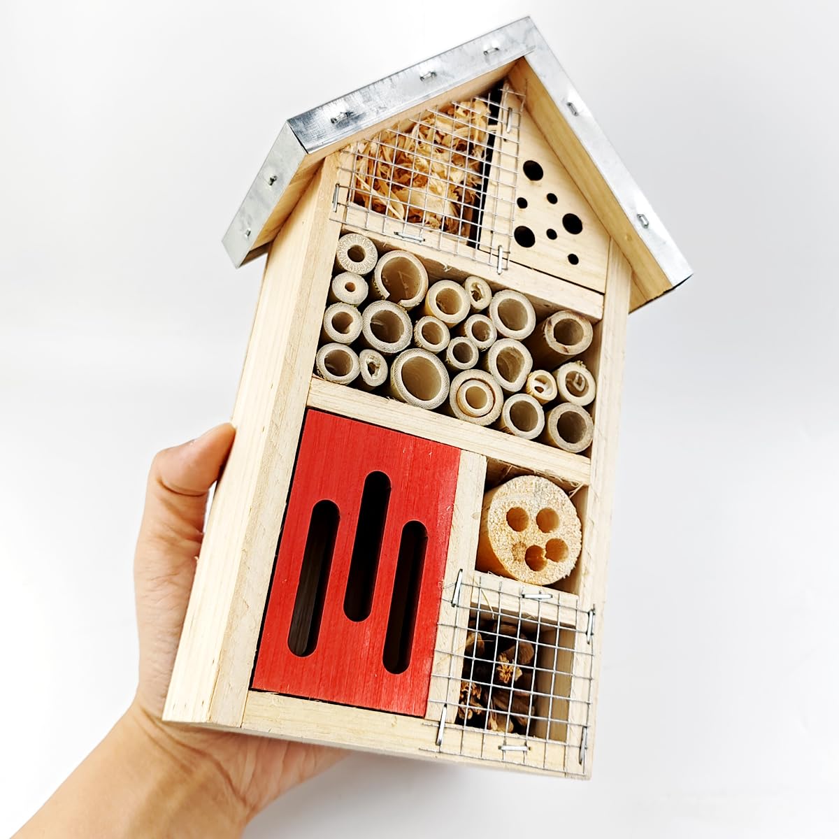 TIHOOD Natürliches Holz Hängendes Bienenhaus für Gärten Natur Holz Schmetterling Hotel für Biene, Schmetterling, Marienkäfer, Lebensraum, Bienenhotel Garten