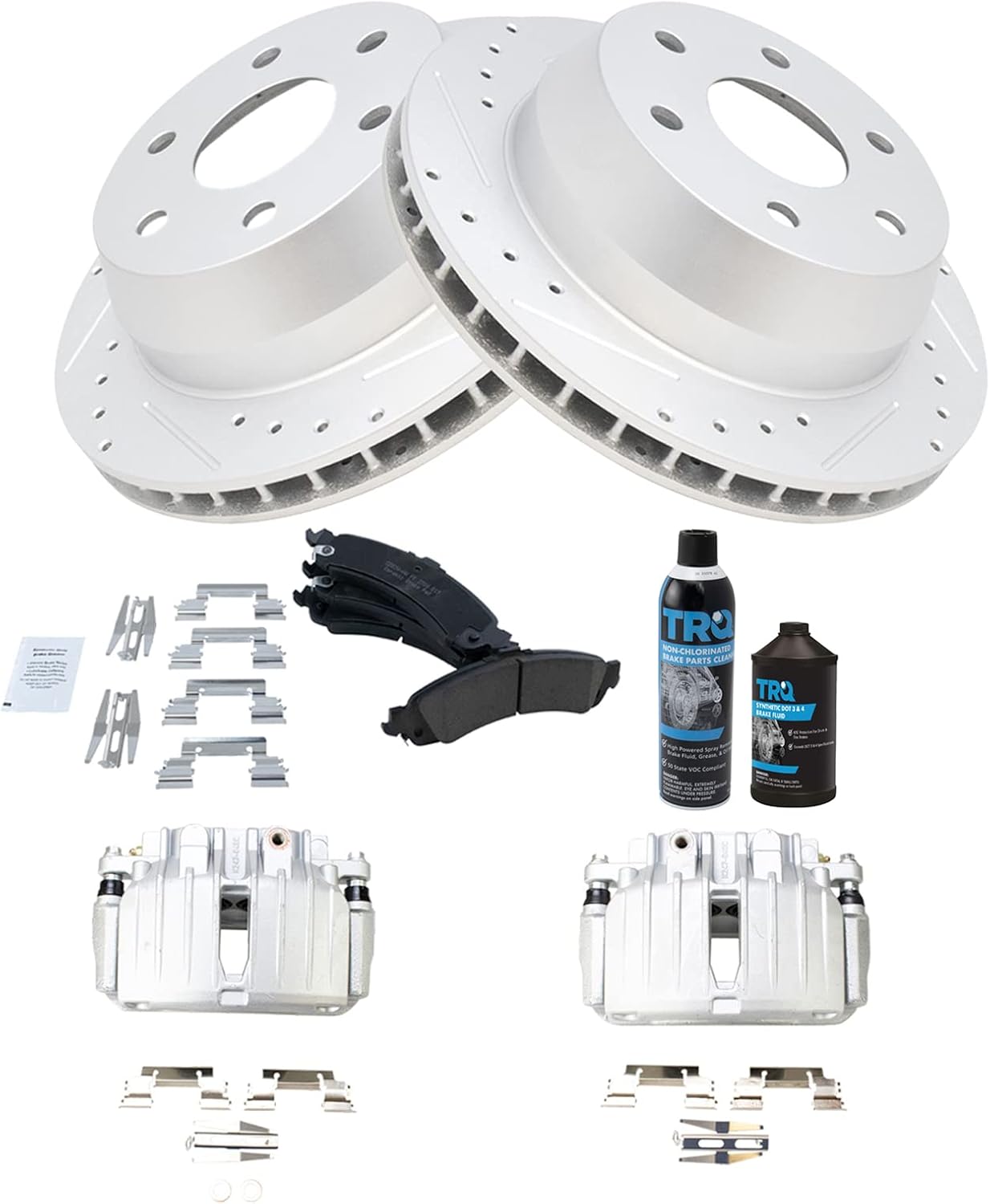 TRQ Rear Ceramic Pad Coated Rotor & Calipers Kit w/Chemicals Compatible with 2003-2006 Cadillac Escalade Chevrolet Avalanche 1500 Tahoe GMC Yukon Yukon XL 1500