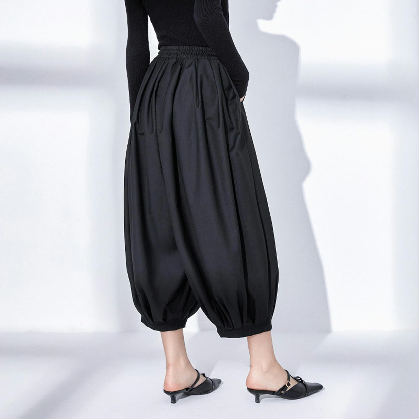 Pantalones Anchos Sueltos y versátiles Pantalones Casuales de Nueve Puntos para Mujer-Negro-M