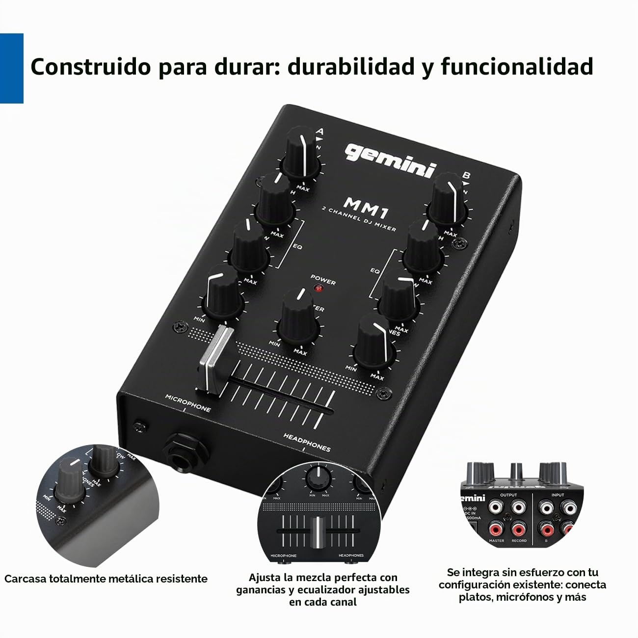 Gemini Sound MM1 Audio profesional de 2 canales Entrada de micrófono DUAL de 2 canales Estéreo de 2 banda Rotary COMPACT DJ Mezclador de podcast con Fader Cross-Fader y Control de ganancia individual