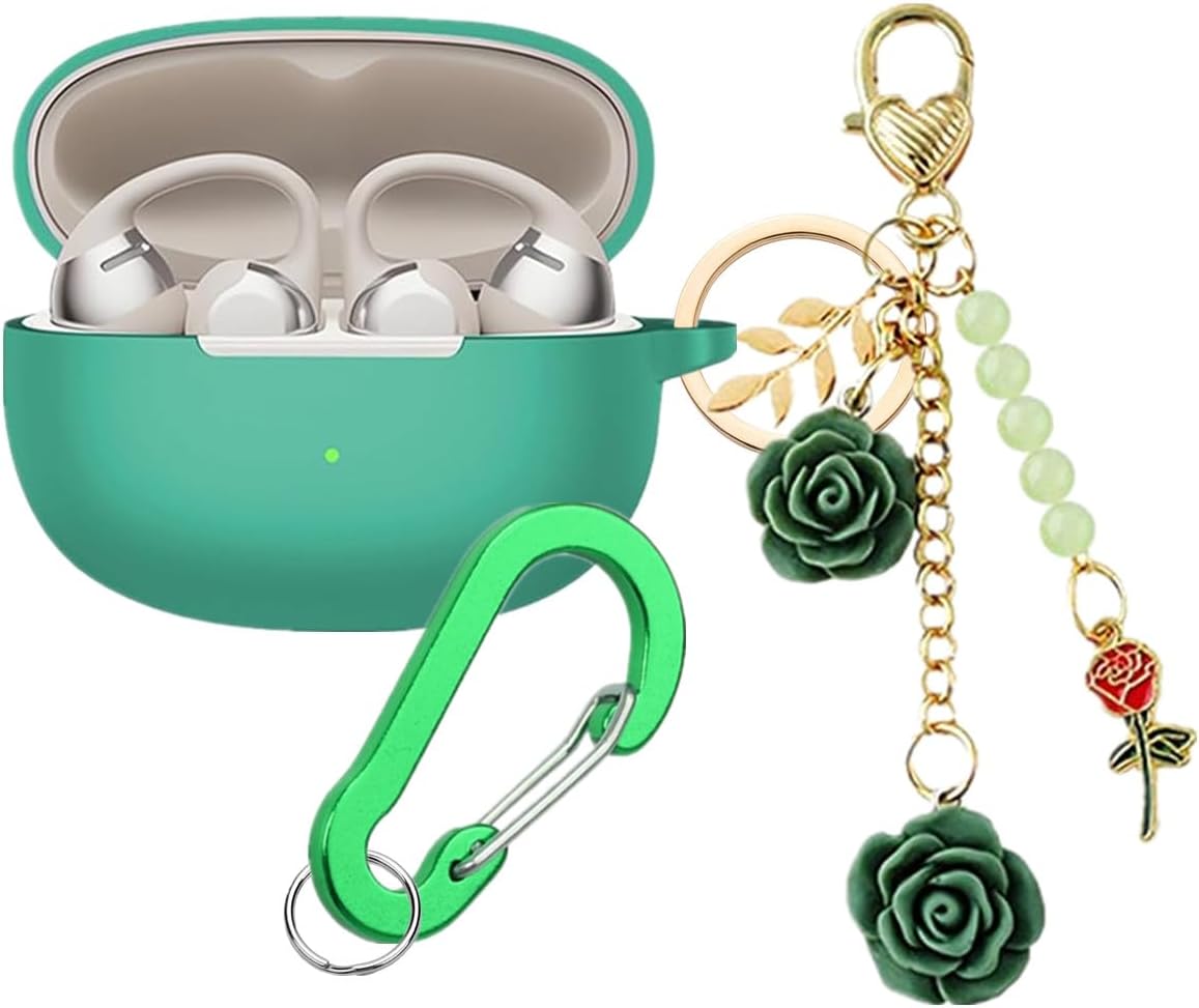 Case for SHOKZ OpenDots ONE Case Cover with Flower Keychain, Cute Soft Silicone Protective Skin Cases for OpenDots ONE E310 Open-Ear Headphones with Carabiner for Women Girl (Dark Green)