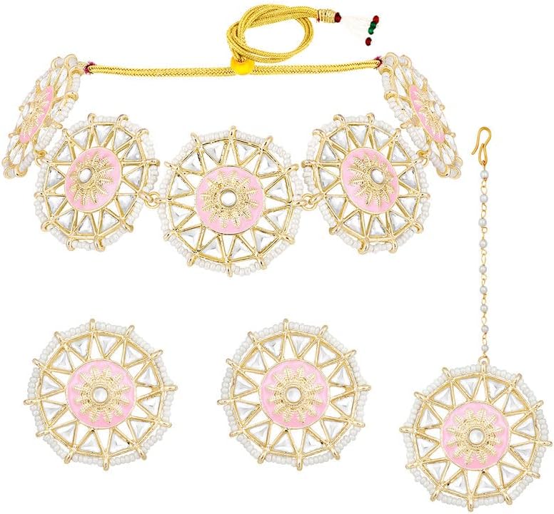 Aheli 金メッキ Kundan スタッズ チョーカー ネックレス スタッド イヤリング &amp; Maang Tikka エス