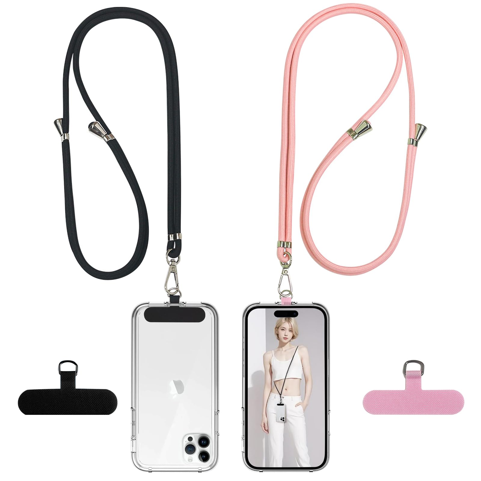 Mlpkoi Women's Multicolor 2Pcs Universal Phone Lanyard, Adjustable Crossbody Phone Strap With 4 Patches, Cell Phone Neck Holder Compatible With Most Smartphones Pink & Black