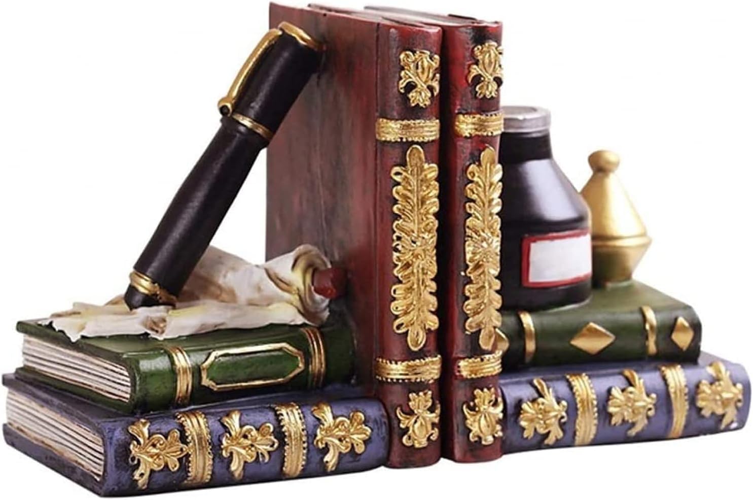 Bellaa 25389 Bookends Antiques Pen Ink Lamp Magical Oldworld Liabrary Office Book Ends for Shelves Stopper Vintage Collection Heavy Duty ＆ Sturdy Non-Skid