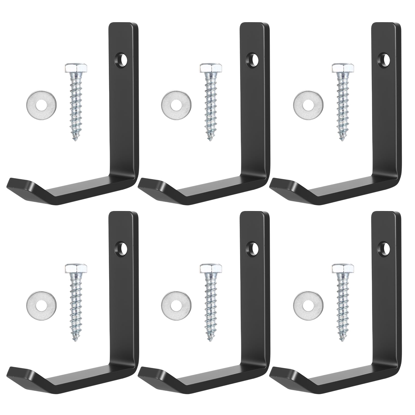 McBlast 6 Pcs Wall Hooks for Hanging Heavy Duty Garage Hooks for Storage, Wall Mounted J Shaped Utility Hook for Home Gym Power Tools Ladder Shed Garden Tools Hanger Hook Organizer(Black, Lengthen)