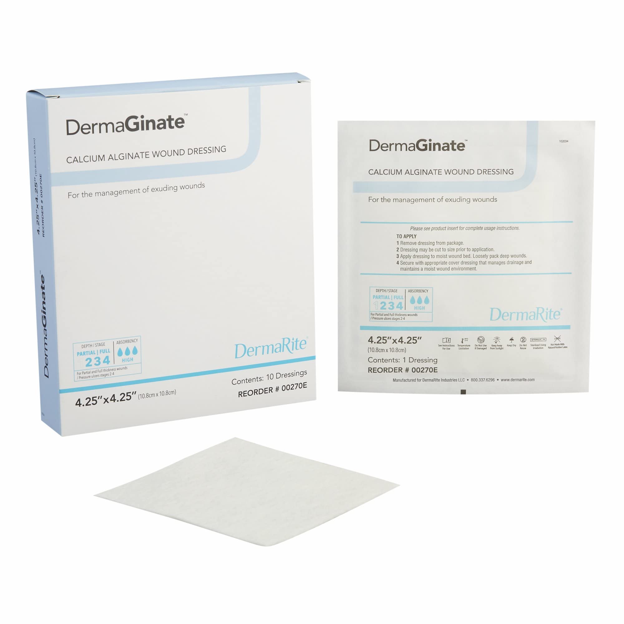 DermaGinate, Calcium Alginate Wound Care Dressing - Sterile, Highly Absorbent, Gels on Moisture Contact - 4 in. x 5 in., 10 Count