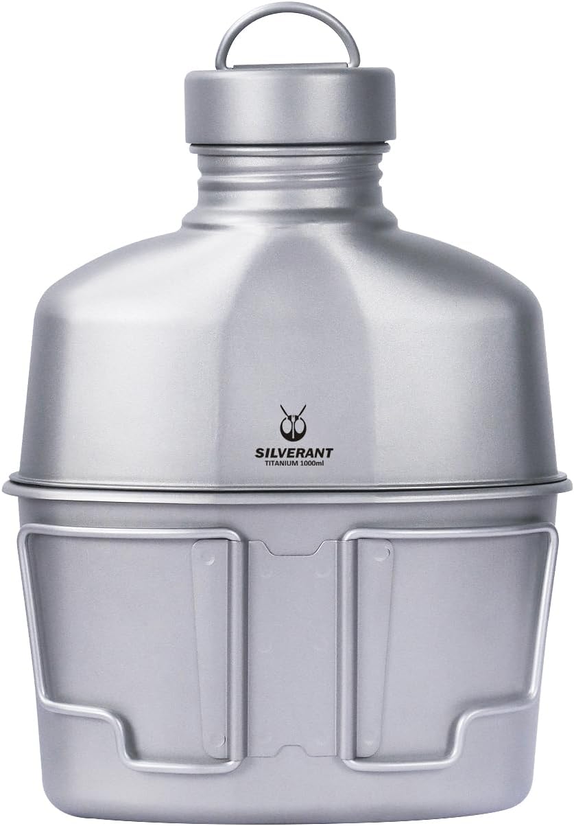 SILVERANT Camping Canteen Titanium Military Canteen Mess Kit Ultralight Camping Mug with Carry Pouch & Cup Foldable Handle -Bottle 1000ml, Cup 600ml Original Canteen