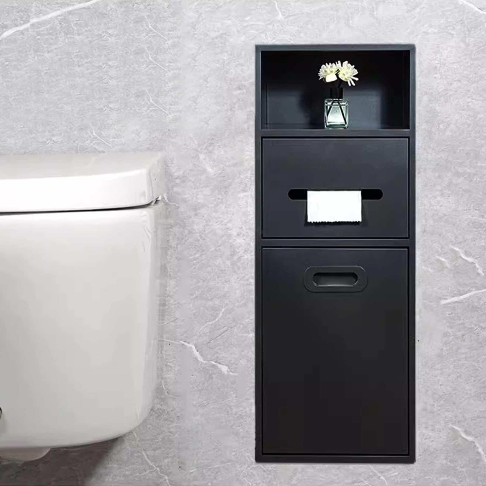 Tonuuoei Recessed Toilet Paper Holder Niches, Stainless Steel Niche With TP And Trash Can Multicolor Multiple Sizes(Black,7.8x26x5.5in)