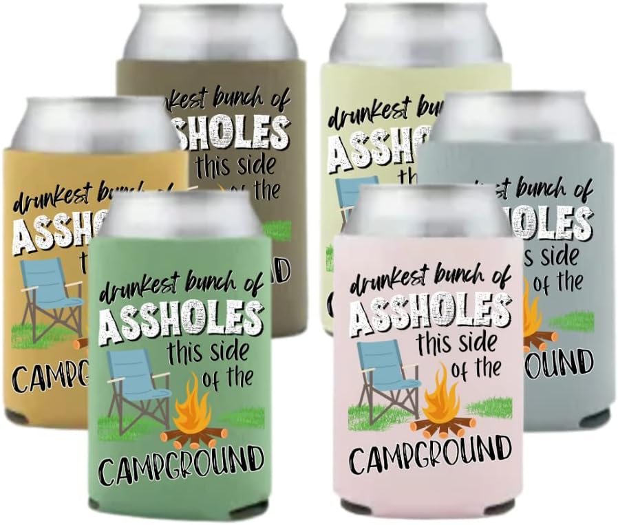 Drunkest Bunch of Assholes this side of the Campground Can Coolies Cozies - Party Favor Gift for camping, tenting, drinking, campsite, glamping, bonfire, funny drink holder