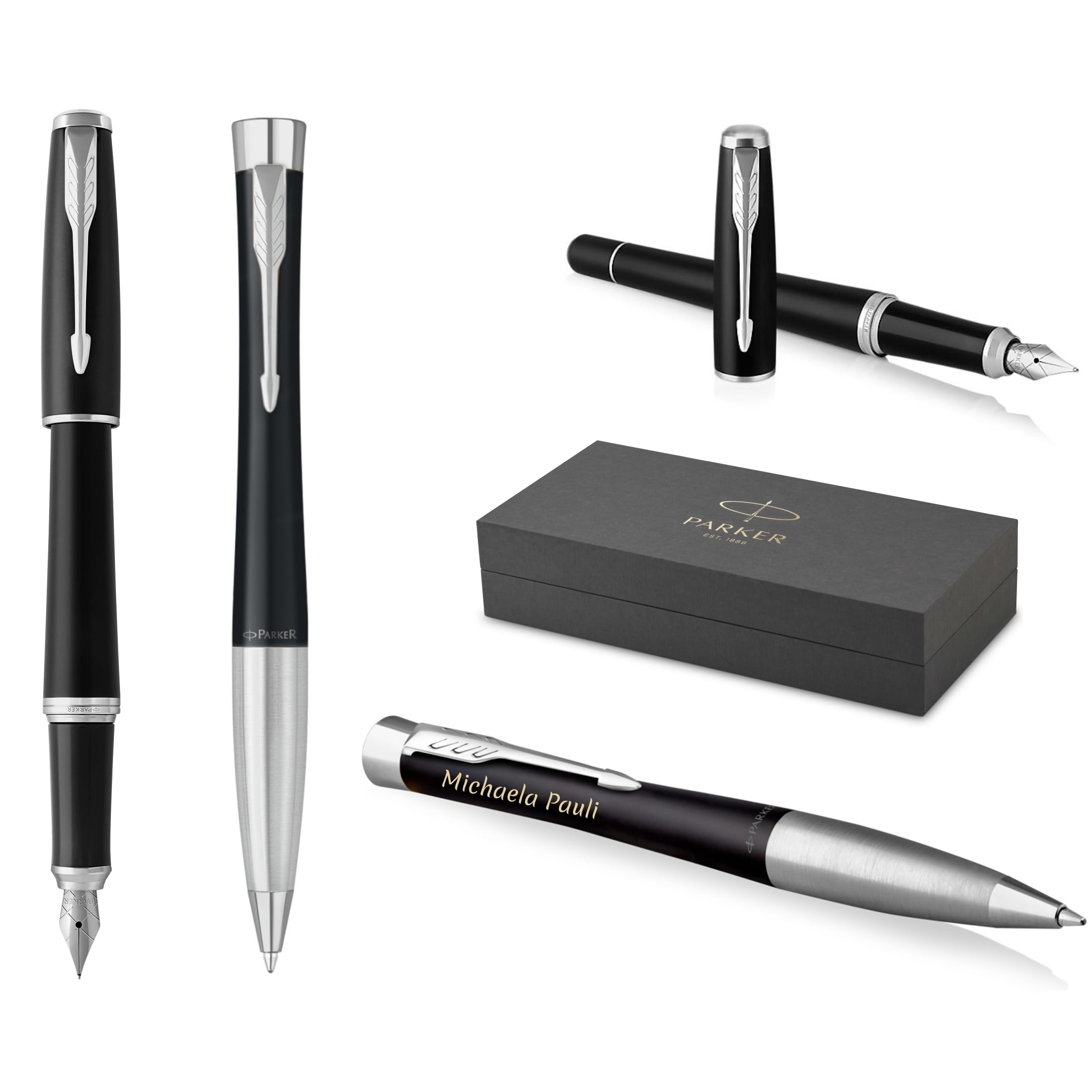 PARKER Urban Bolígrafo y pluma estilográfica Twist con grabado, bolígrafo premium, caja de regalo, regalo personalizado, nombres, grabados, aniversario, cumpleaños (Muted Black C.C.)
