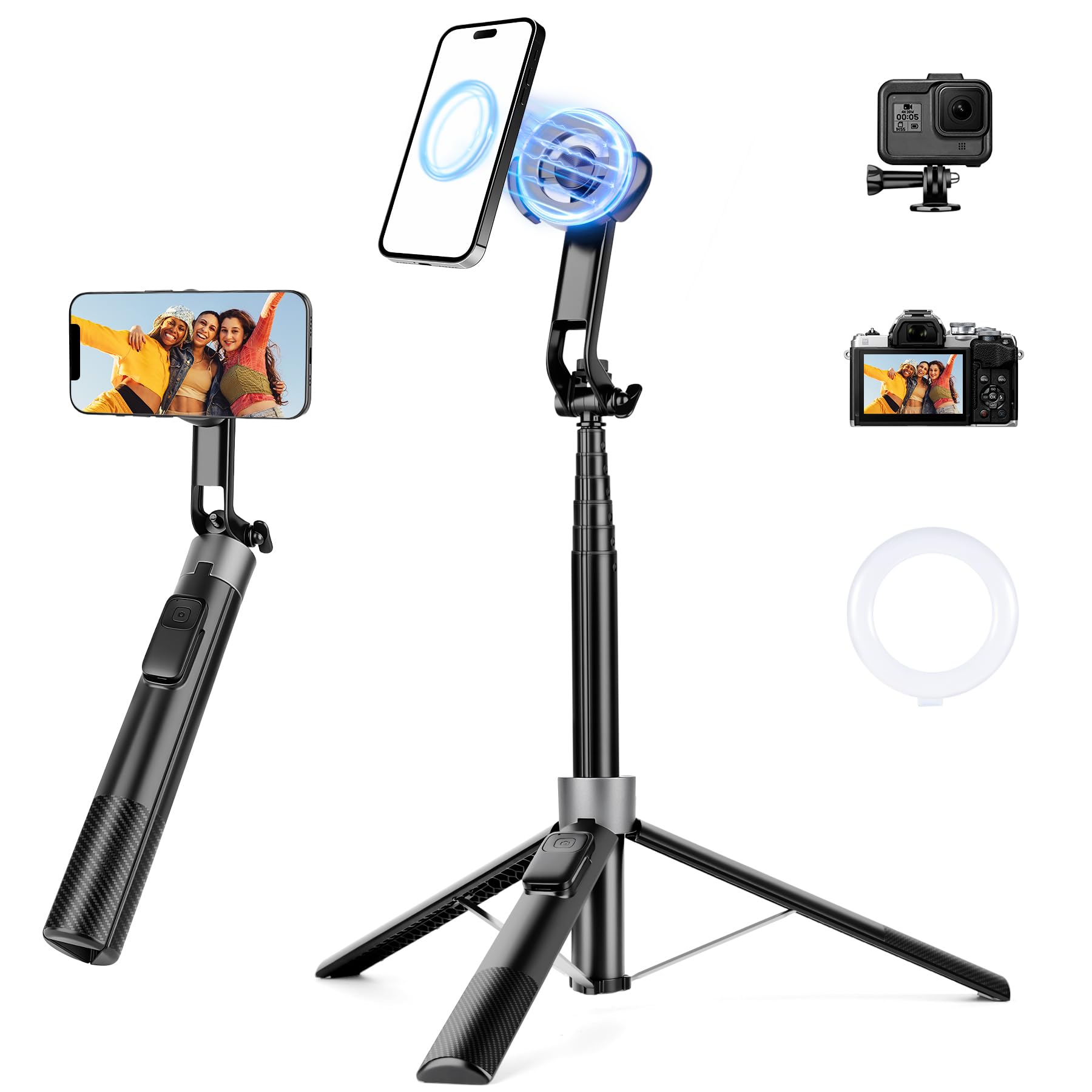 70 Magnetic Phone Tripod Selfie Stick Tripod for iPhone Magsafe with Rechargeable Remote 2 in 1 Magnetic Holder