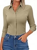 Aoudery Button Down Shirts for Women Slim Fit Long Sleeve Stretch Dress Shirts Work Shirt Wrinkle Free Office Blouse Top