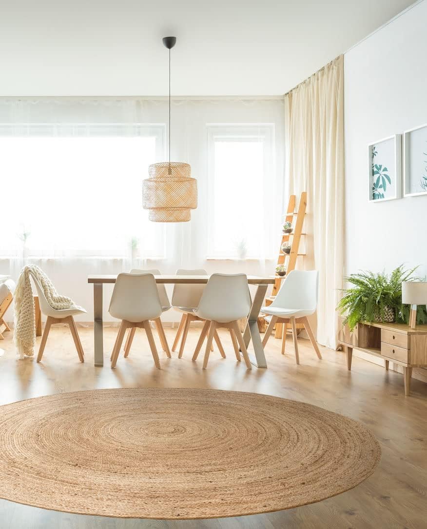 Alfombra de Yute Color Natural Redonda, Alfombra 100% Fibra de Yute, Trenzado a Mano para Salón, Habitacón, Decoración de área (150x150cm)