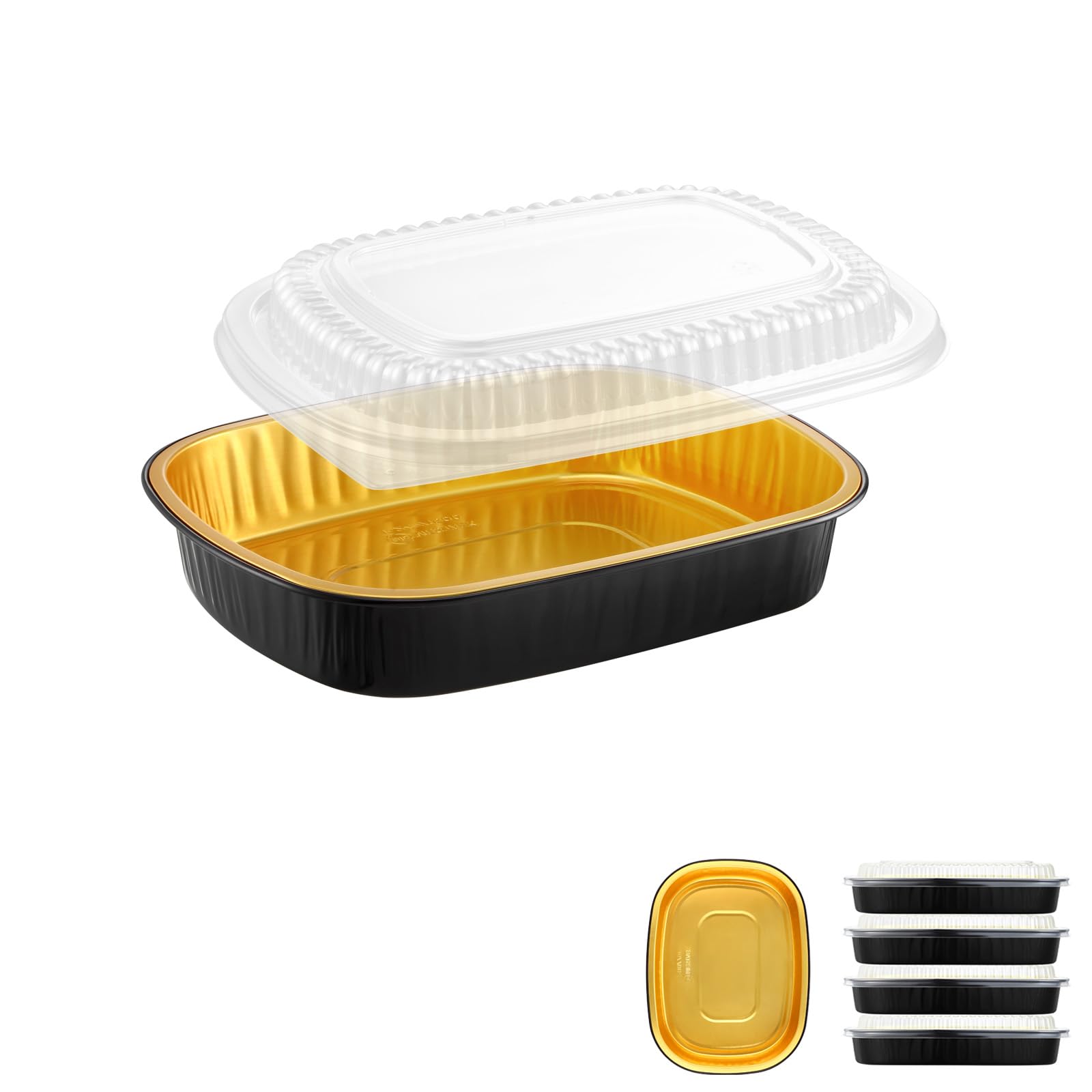 Sartenes ovaladas de aluminio con tapas a presión (paquete de 5) | 2 recipientes reutilizables más gruesos y resistentes de 50 onzas para llevar (negro)