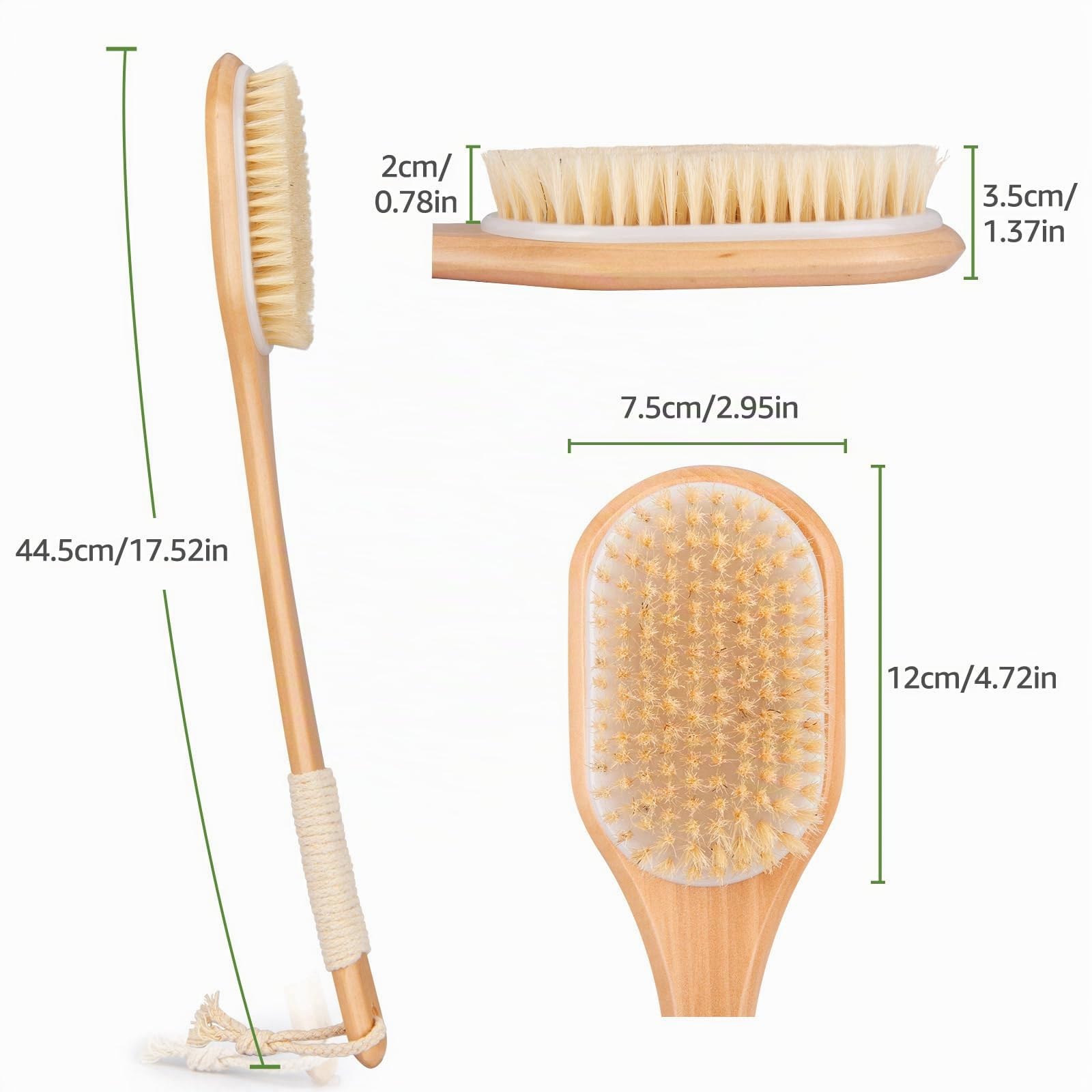 Brosse dos Douche, 44,5CM Brosse Exfoliante Corps en Bois, Poils Naturels Brosse Corps Longue Manche pour éliminer les Peaux Mortes et la Cellulite