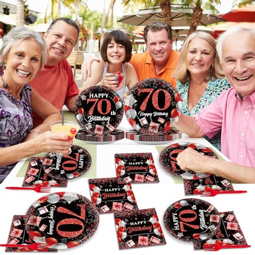 Image of gisgfim 96 Pcs 70th Birthday Plates and Napkins Party Supplies 70 Years Old Party Tableware Set Red Black Dinner Dessert Plates 70th Birthday Decorations Favors for Man Women for 24 Guests