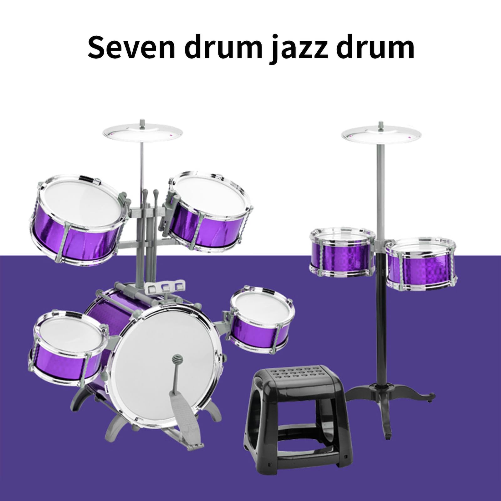 Jazz-Schlagzeug-Set mit Hocker, 7 Trommeln für Anfänger und Geschenke, Verdicktes PVC-Trommelfell, Einfache Montage (Blau)