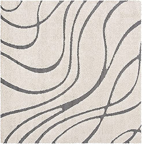 Image of Geometric Wave Square Shaggy Carpet for Living Room, Bedroom, High Low Design Finish Microfiber 1.8 Inch Pile High, 6x6 Feet Ivory|Grey Color