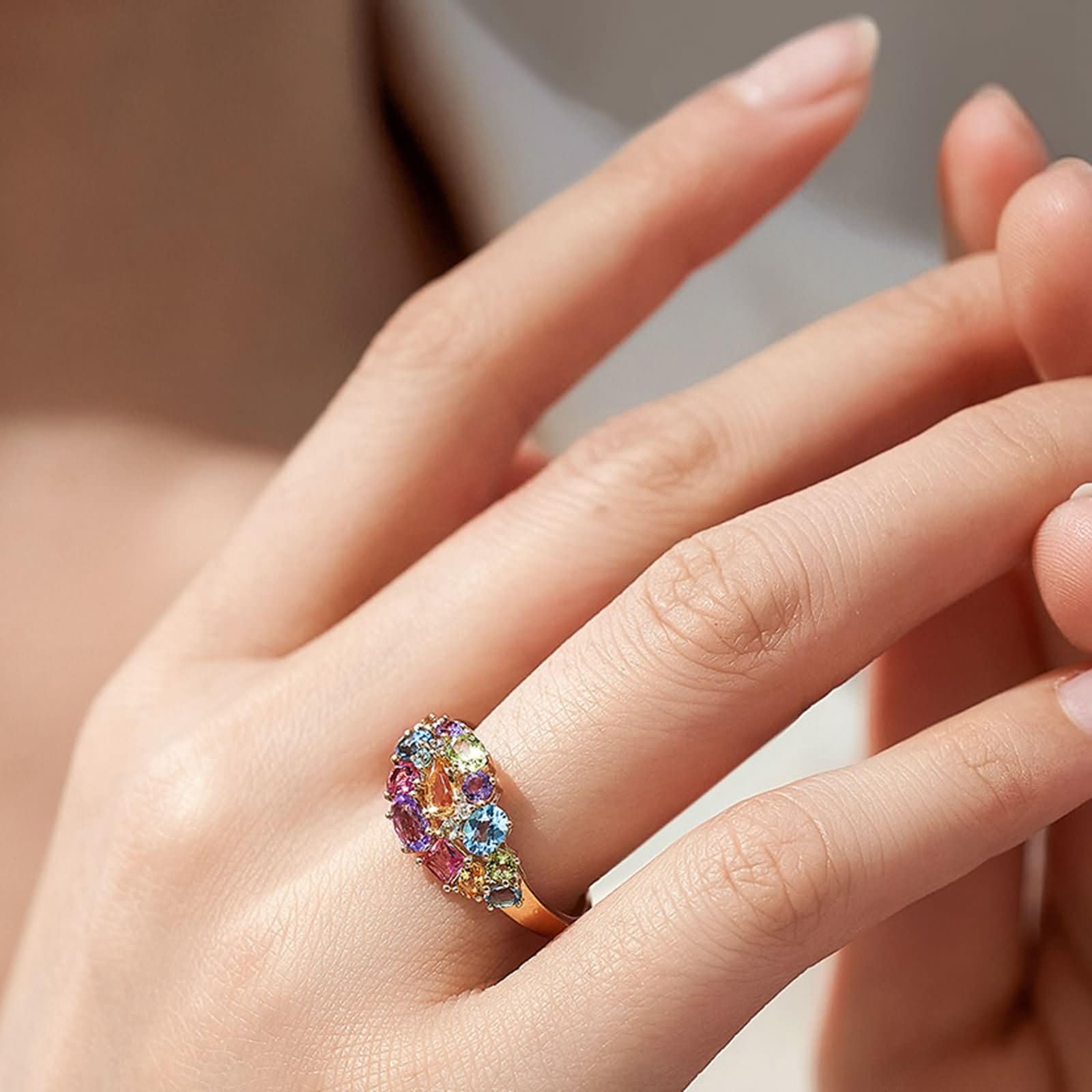 Anillos de Compromiso Oro de 9 Kilates / 14 Kilates / 18 Kilates Mujer, Geométrico con Piedras Preciosas Colorida de 1,65 ct, Anillos Boda Mujer Oro Amarillo