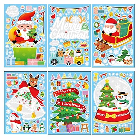 Christmas Window Clings Xmas Window Stickers Christmas Window Decals Decorations Holiday Snowflake Santa Claus Reindeer Decals for Party 6pcs (A) Cover
