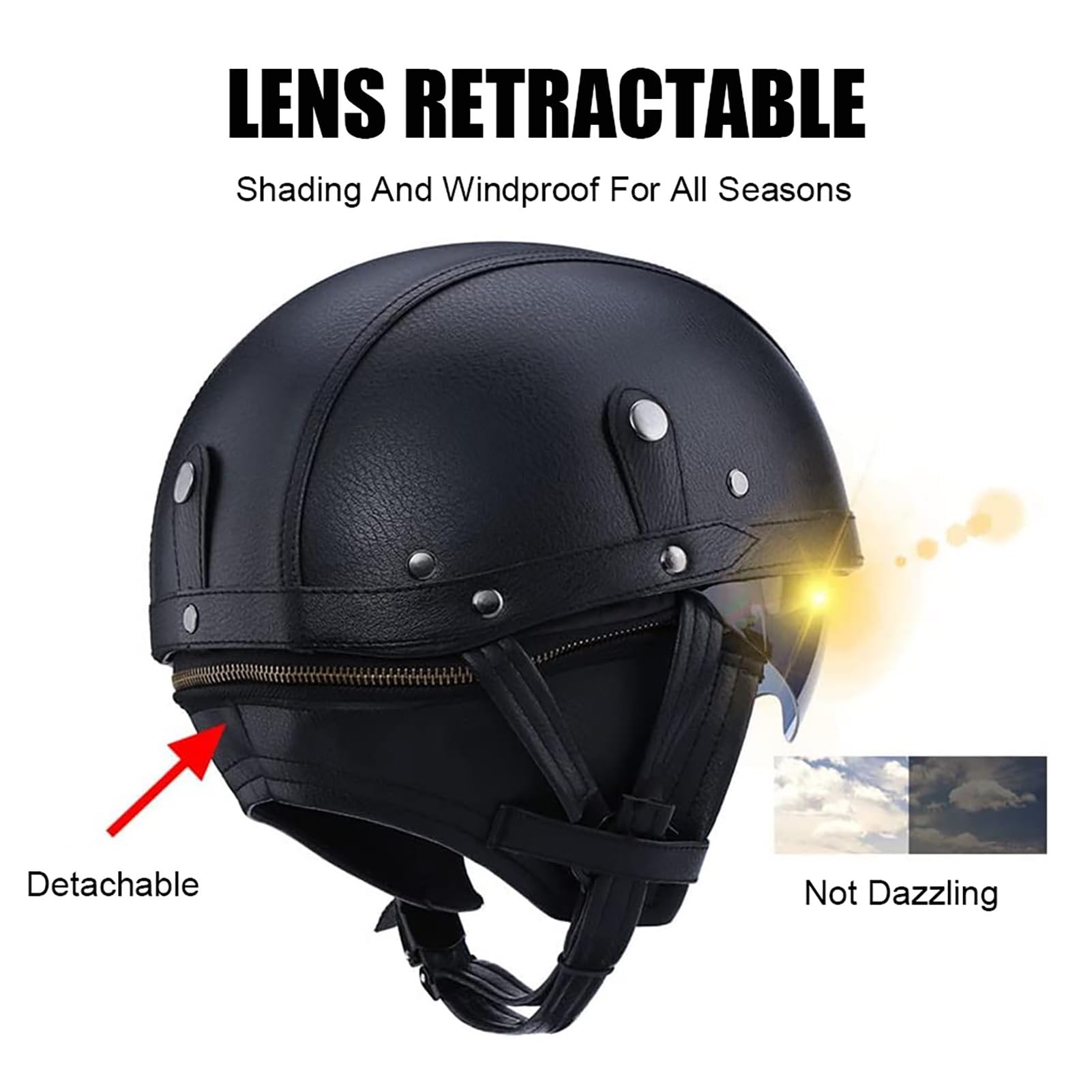 Casque Moto Vintage De Protection en Cuir Bol Homme Homologué ECE Casques Jet avec Lunettes à DéGagement Rapide Scooter