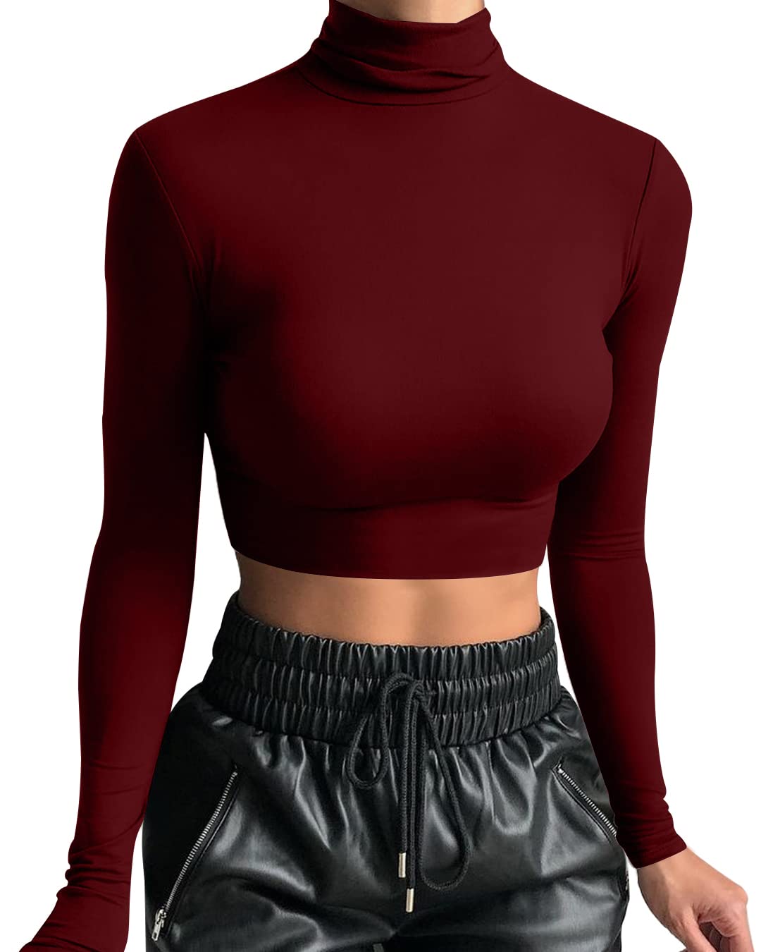 LCNBA Women's Long Sleeve Crop Top Turtleneck Sexy Basic Cropped Tops Shirt