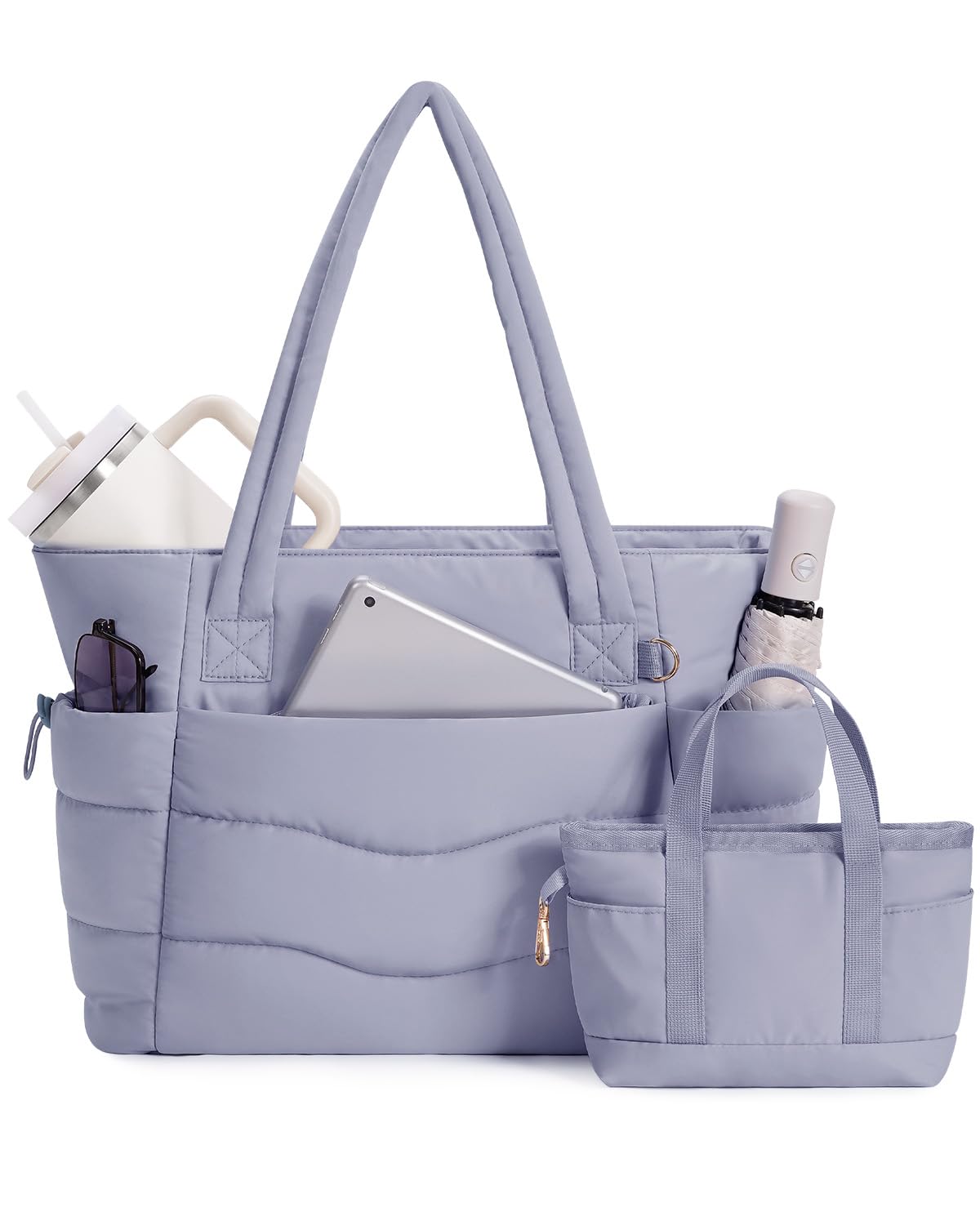 Sac Fourre-tout Puffer 2 Pièces pour Femme, Sac Cabas avec Poche Isotherme pour Bouteille 40oz et Compartiment Laptop 15,6", Idéal pour le Travail, l'Université, les Voyages (Brevet en Cours)