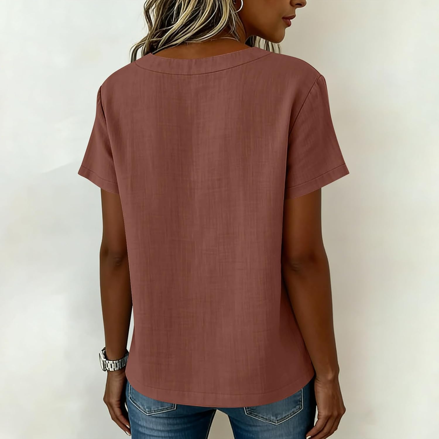 Ladies Cotton Linen T Shirts Button Decor Gauze Tops Cute Crewneck Short Sleeve Blouses Summer Top for Women