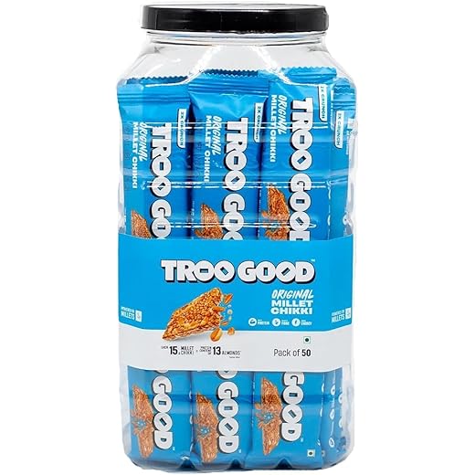 TROOGOOD Millet Chikki Jar (50 Pcs, 15g Each 750g) | Rich in Fibre and Protein | No Added Preservatives and Colours | Sweets | Made with Jaggery | High Energy Nutrition Bars | Gajak