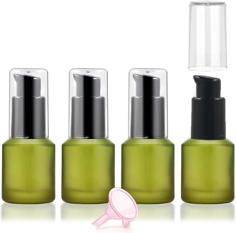 Frascos de vidro verde fosco DPLASKA com bomba, 15 mL, Pacote com 4 e funil