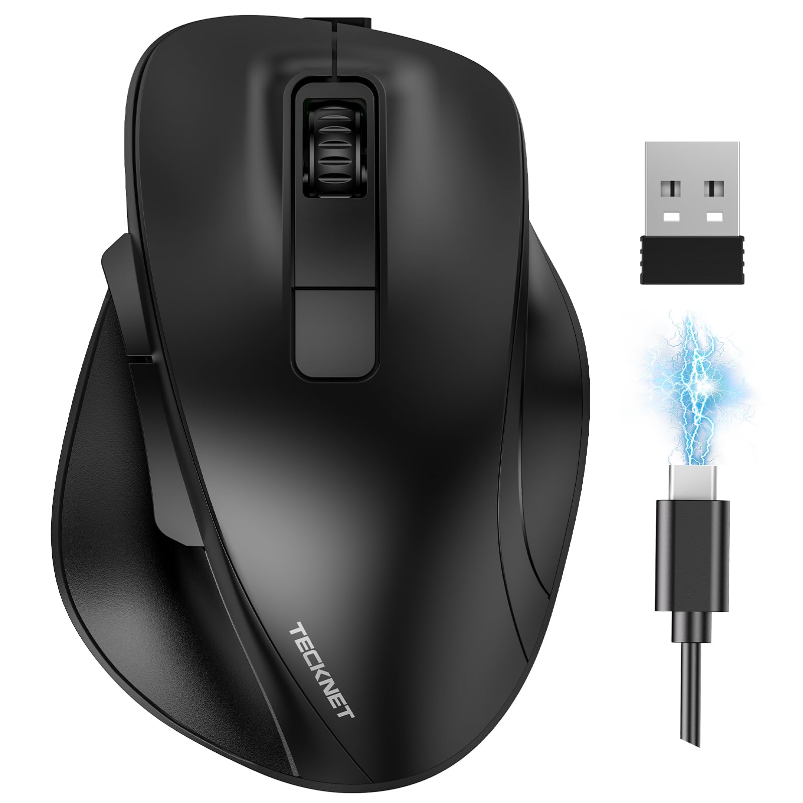 TECKNET Wireless Mouse, Bluetooth Mouse (BT5.0/3.0 & 2.4G) Rechargeable 4800 DPI Silent Mice, Computer Mice with USB A Receiver,Large Sized Ergo Grips