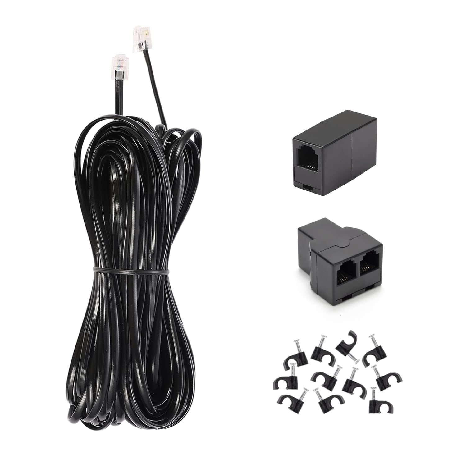 Cable de extensión de teléfono largo de 33 pies (10 m), negro, cable de línea de cable de teléfono con enchufe RJ11 estándar, 1 divisor de línea telefónica, acoplador de 1 en línea y 25 clips de cable