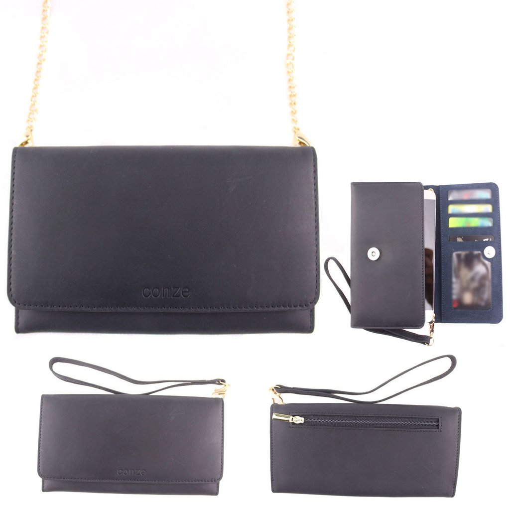 Conze Genuine Leather Purse/Wallet Phone case with Cross Body Strap fits LG K20 Plus / K10 (2017) / K8 (2017) / K4 (2017) / K3 (2017) in Black