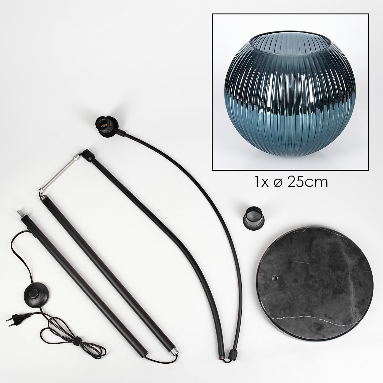 HOFSTEIN Lampadaire Koyoto, en métal/verre ondulé noir/bleu avec pied en marbre, lampe réglable au design rétro (abat-jour Ø 25 cm), interrupteur au pied, E27, salon, chambre à coucher, couloir