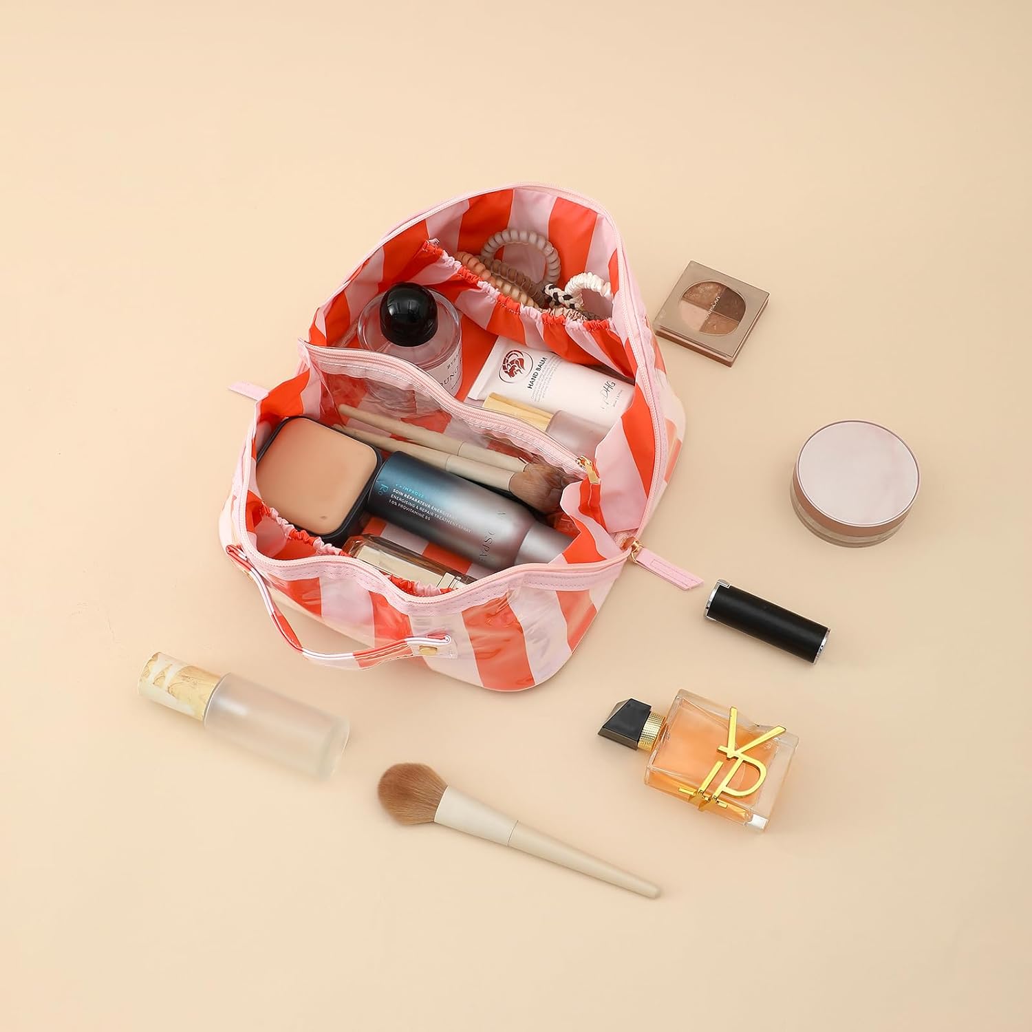 DYSHAYEN Stripe Travel Makeup Bag with Compartments Clear Coated Cosmetic Bag for Women, Waterproof Portable Open Flat Toiletry bag (Pink-Orange) - Image 5