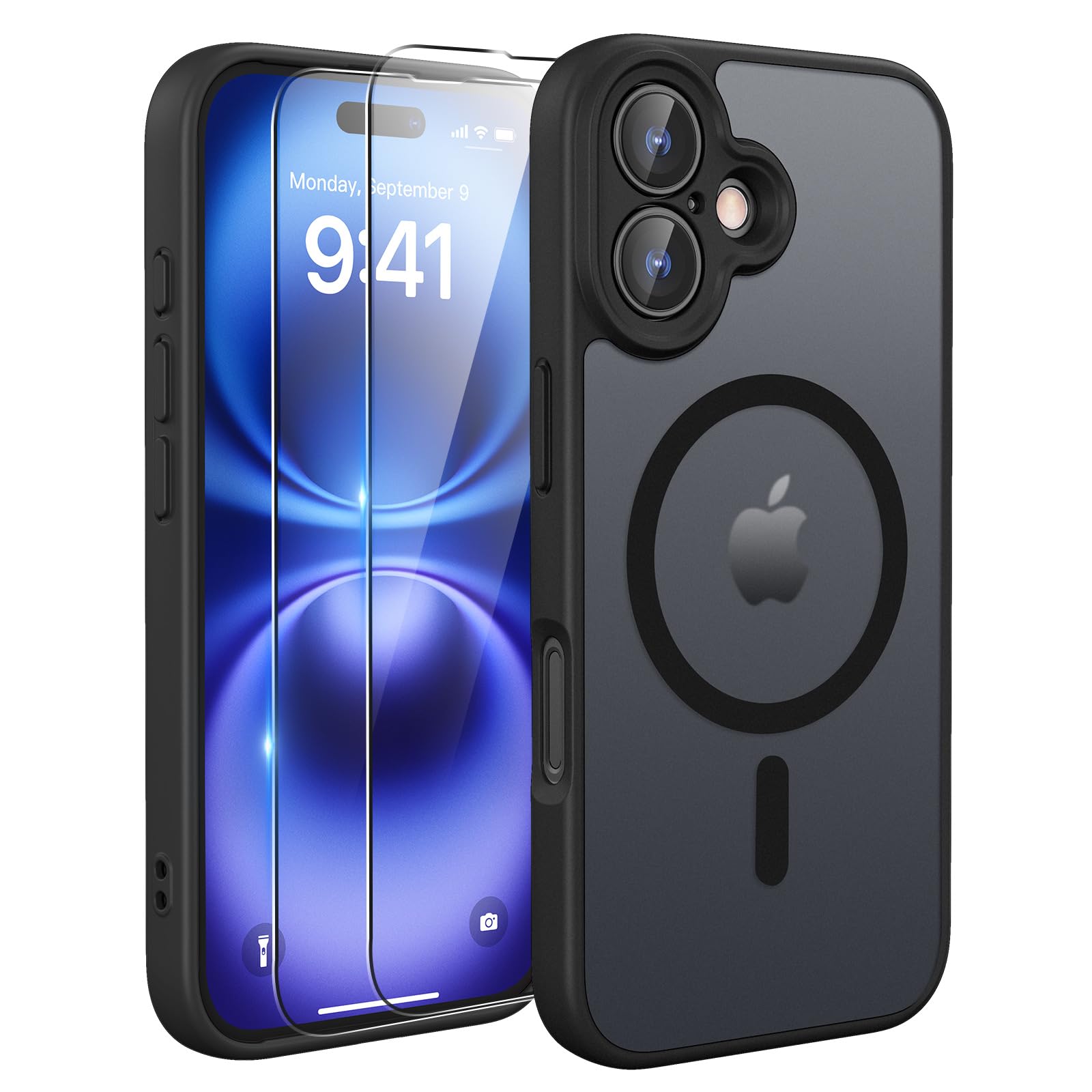 TQIAHF Magnetica Cover per iPhone 16 con 2 Pellicola Vetro Temperato Protezione Schermo Compatibile con Magsafe Case Militare Antiurto Sottile Opaca Telefono Custodia per iPhone 16,Nero