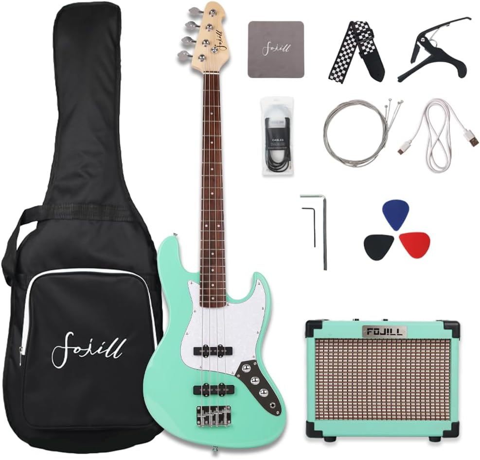  Full Size Four String Electric Bass Guitar With 10 Watt Amplifier 4 String Right Handed Beginner Kit Set With 600D Gig Bag,Picks,Noiselss Cable,Extra Strings(Cream) thumbnail