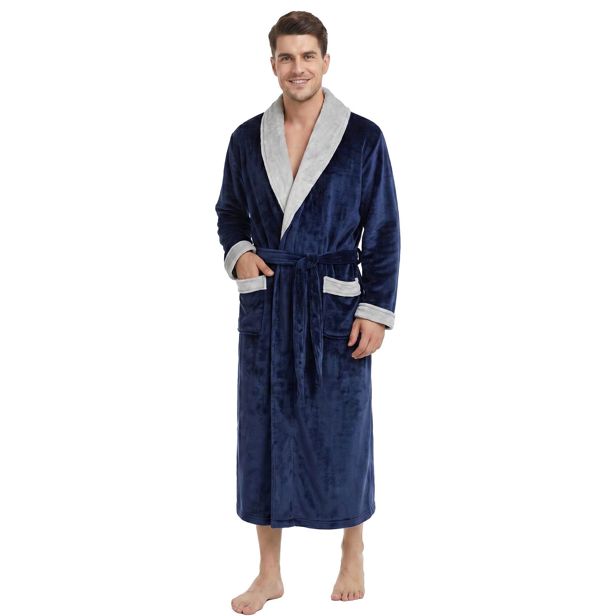 U2SKIIN Mens Plush Robe, Warm Fleece Robes for Men with Pockets Textured Mens Bathrobe Soft Sleepwear(Navy/Light Grey,2XL/3XL)-image-26