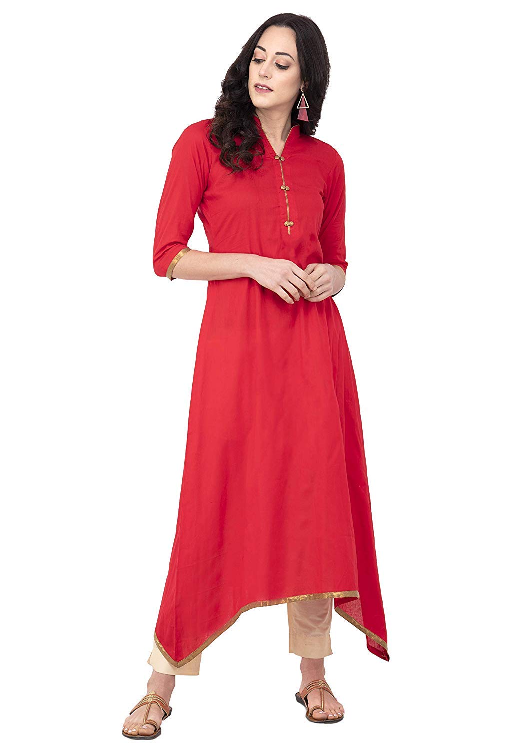 PIOUSPICKWomen Red Cotton Asymmetrical Sweep Solid Long A-line Kurta(SK0090,Red)