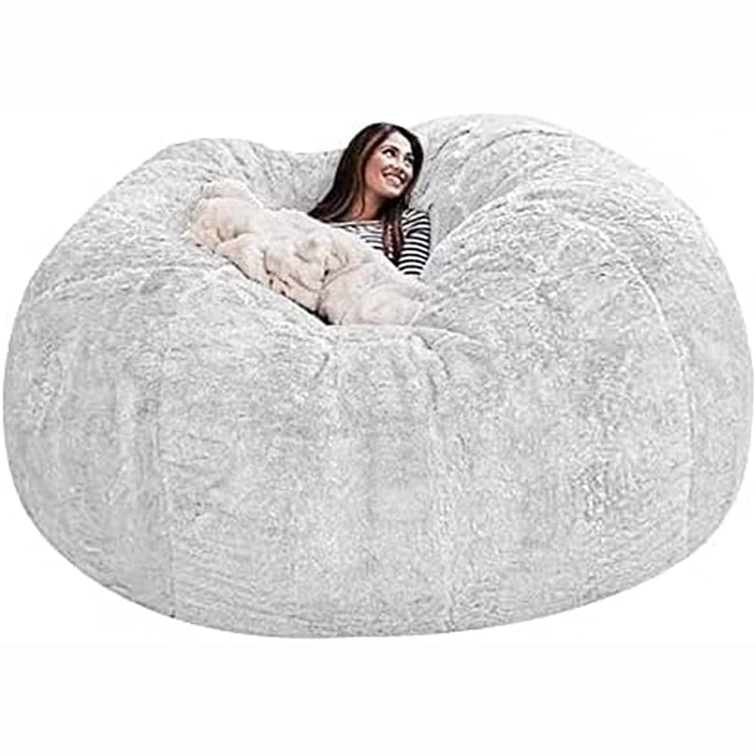 SHANGRONG Big Round Bean bag Chair Cover, (No Filler) Soft Fluffy Faux Fur Bean Bag Chairs, Portable living room furniture Sofas Lazy Sofa Bed Cover (Color : White, Size : 6ft)