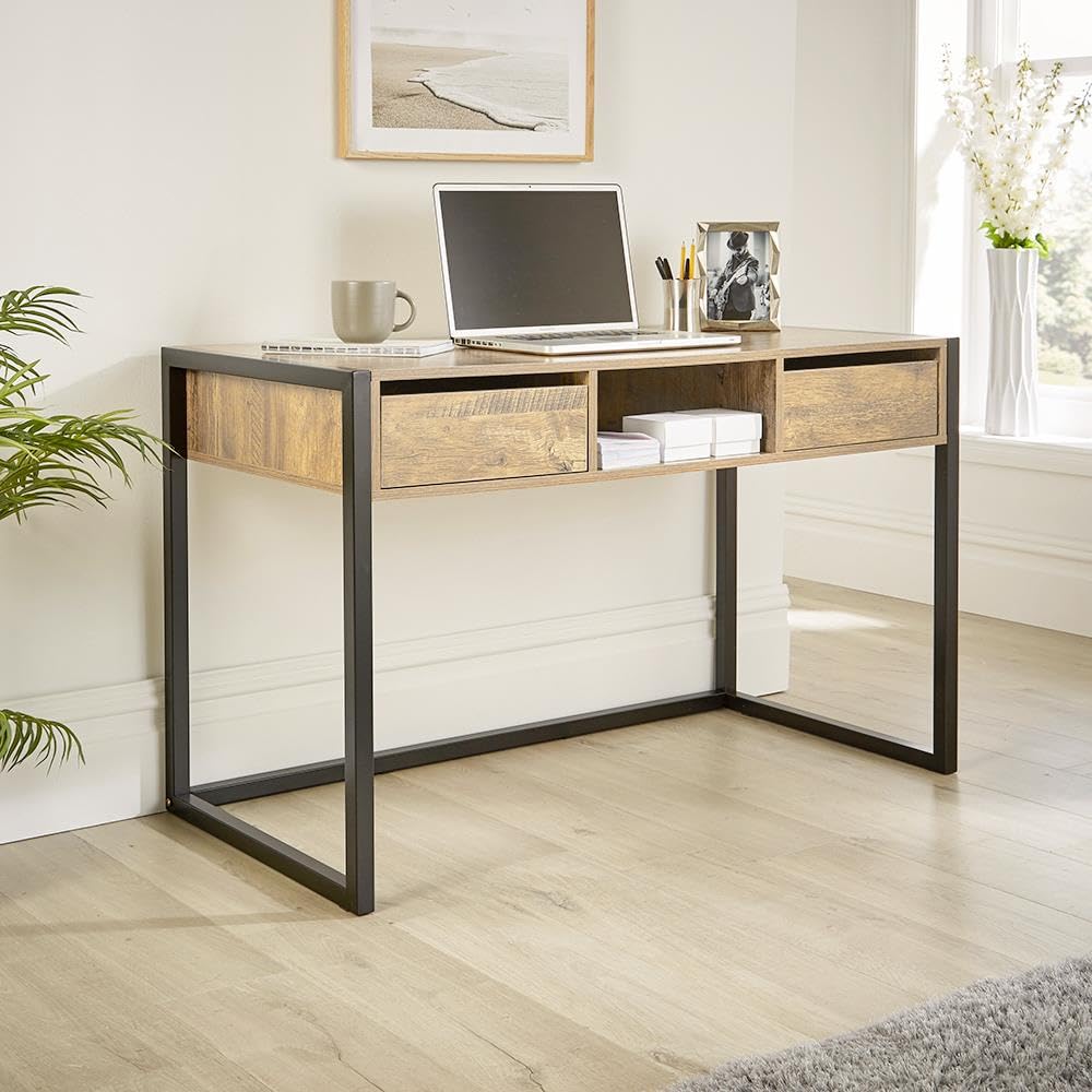 Home Source Toronto Office Workstation, 2 Drawer Shelf Storage, PC Computer Desk, Black Metal Legs, Smoked Oak Effect
