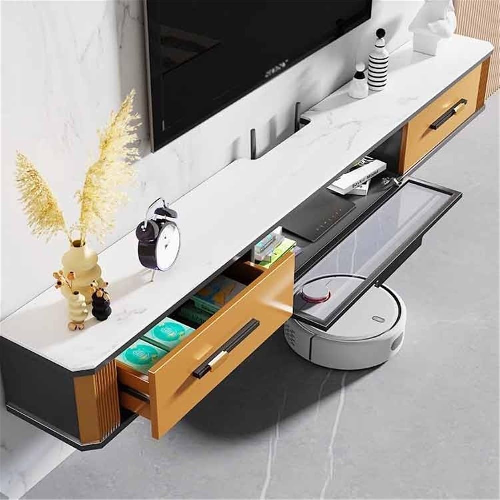 Mobile TV Mobile TV sospeso sotto la TV con ampio spazio di archiviazione, moderna consolle multimediale sospesa di lusso con porta a ribalta in vetro e piano in pietra, 4 colori Used for living room(