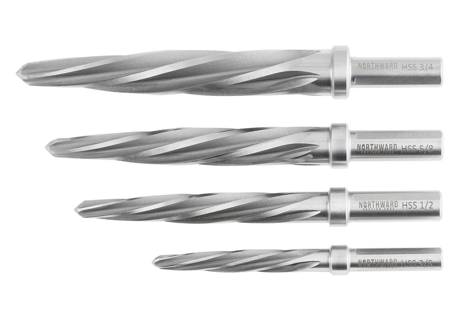 Accusize Industrial Tools 4 szt. H.S.S. Standardowy spiralny flet Super Premium zestaw rozwiertak samochodowy, 3/8", 1/2", 5/8", 3/4", pasuje do uchwytu chwytowego 3/8" lub 1/2", 0522-1808