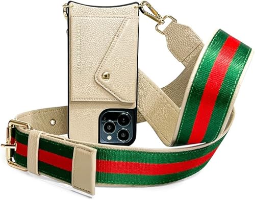 Alexander Michael- Gigi iPhone Wallet and Crossbody with 2 Straps in Genuine Leather, Fold Out Wallet, Holster & Crossbody Phone Case with Gold Hardware in Beige Color for iPhone 12 Pro Max