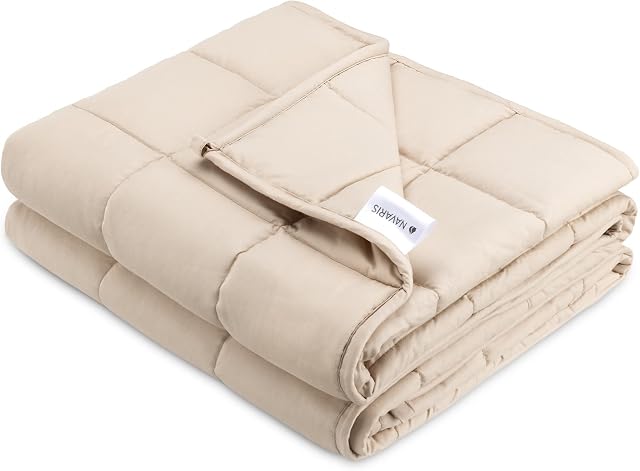 Navaris Weighted Blanket - Sensory Calming Heavy Blanket for Adults - 100% Cotton Outer Cover - Size Single 135 x 200 cm, 8.8 kg (19.4 lbs) - Beige