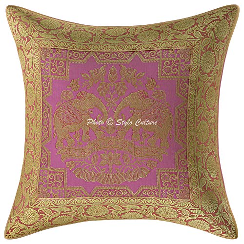 Image of Decorative Brocade Cushion Covers 16 Inch x 16 Inch Banarasi Jacquard Baby Pink & Gold Home Decor Elephant Traditional Square 40x40 cm Zippered Sofa Settee Pillowcases -Set of 5 Pcs