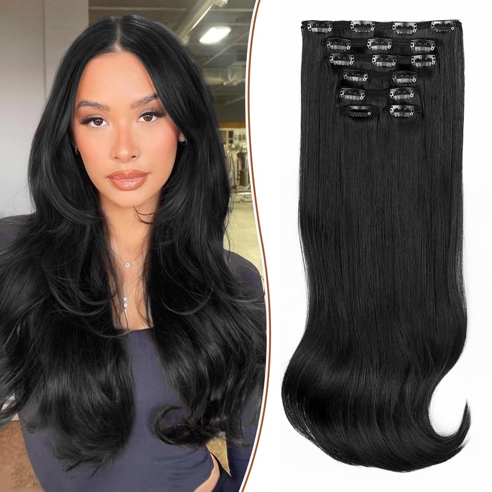 ALXNAN Clip in Hair Extensions,Black Thick Long Straight Layered 20 Inch Soft Lace Weft Hair Extensions for Women