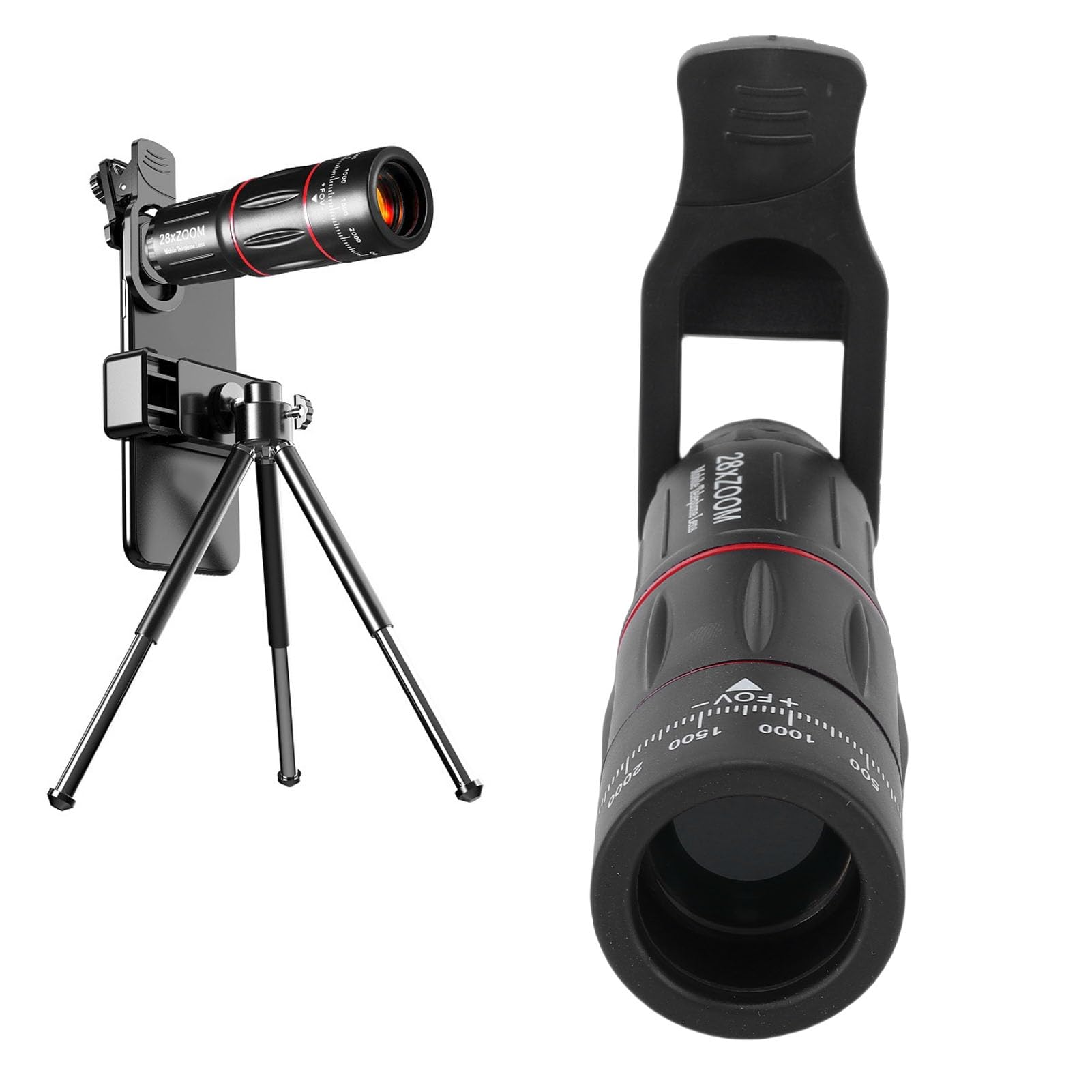 Dpofirs Kit Obiettivi Fotocamera Telefono, Set di Obiettivi Clip Universale 4 in 1 con Teleobiettivo 28X, Grandangolo 0,6X, 20X, Macro, Obiettivo Fisheye 198°, Morsetto Regolabile e